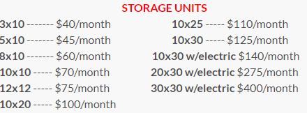 Unit prices at Harbour Storage